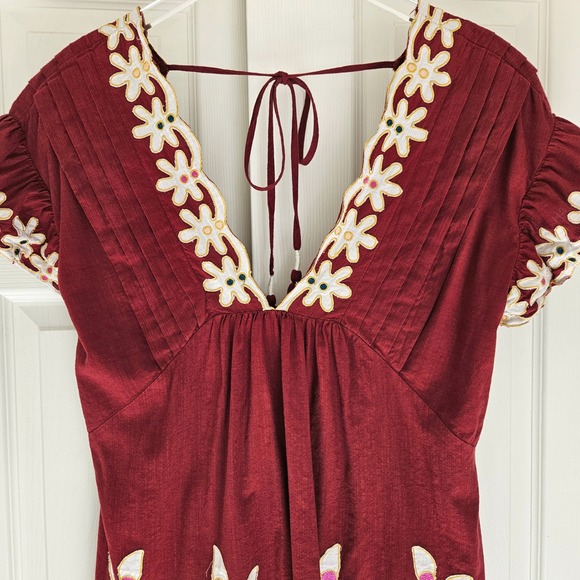 By Anthropologie Pintuck Embroidered Mini Dress Red Size‎ S - Picture 3 of 11
